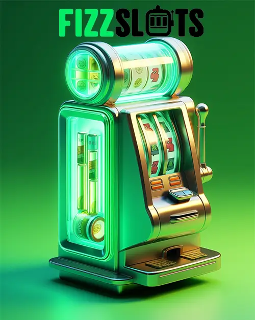 3D-ілюстрація неонового ігрового автомата зеленого кольору з барабанами та логотипом FizzSlots на фоні