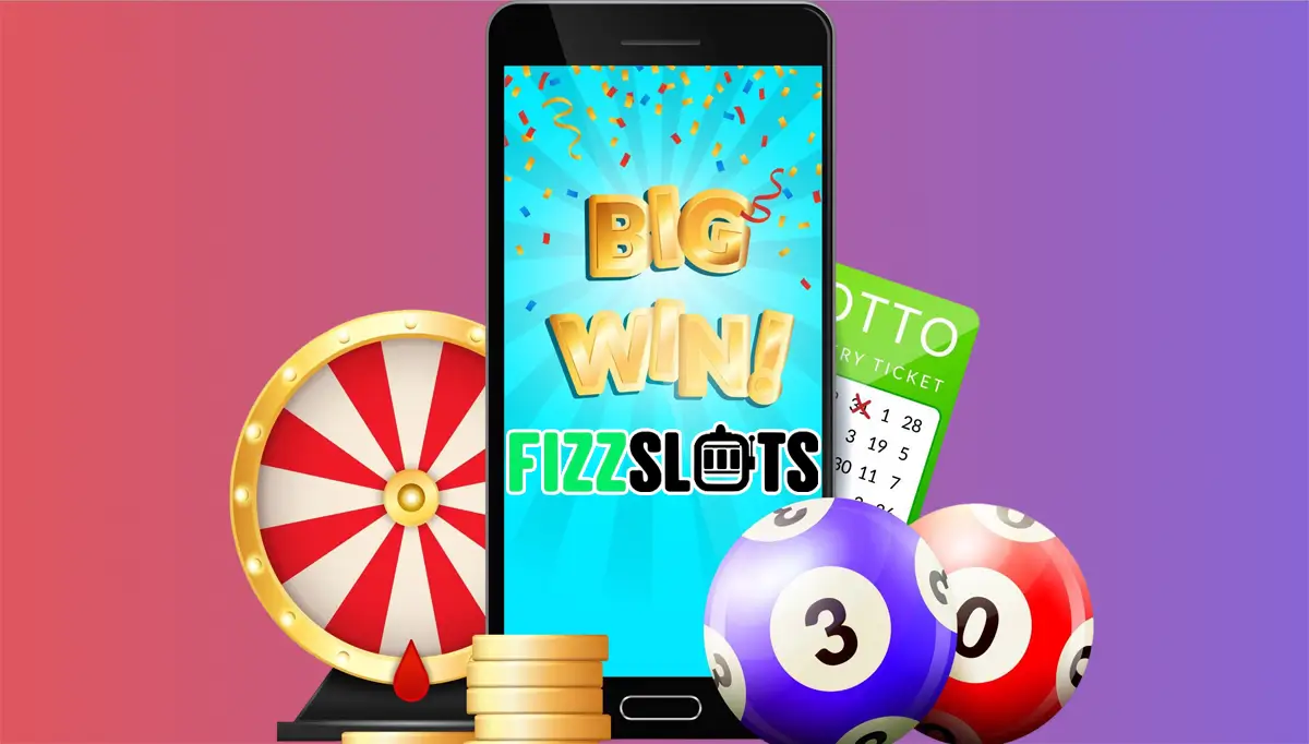 Мобільна гра та великі виграші FizzSlots Смартфон із заставкою BIG WIN FizzSlots, поряд рулетка, лотерейний квиток та кулі для бінго на яскравому градієнтному фоні