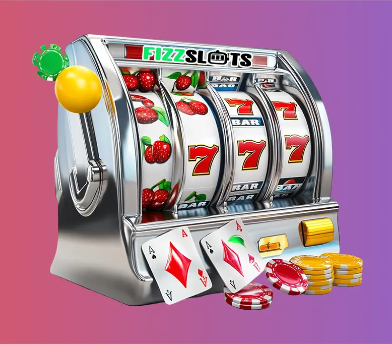 Класичний слот-автомат з барабанами 7 і символами вишень, фішками та гральними картами під логотипом FizzSlots